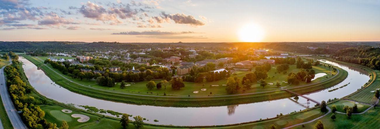 Aerial view of Ohio University's Athens campus at sunset